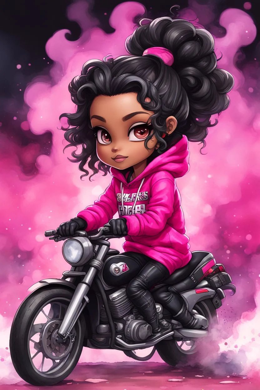 Create a watercolor illustration of a chibi cartoon full figure black female riding a sports motorcycle. She is wearing hot pink hoodie and black tights with biker boots. Prominent make up with log lashes and hazel eyes. Extremely highly detailed black shiny wavy hair up in a messy bun. Background of smoke surrounding her and the bike and she's at a bike show.