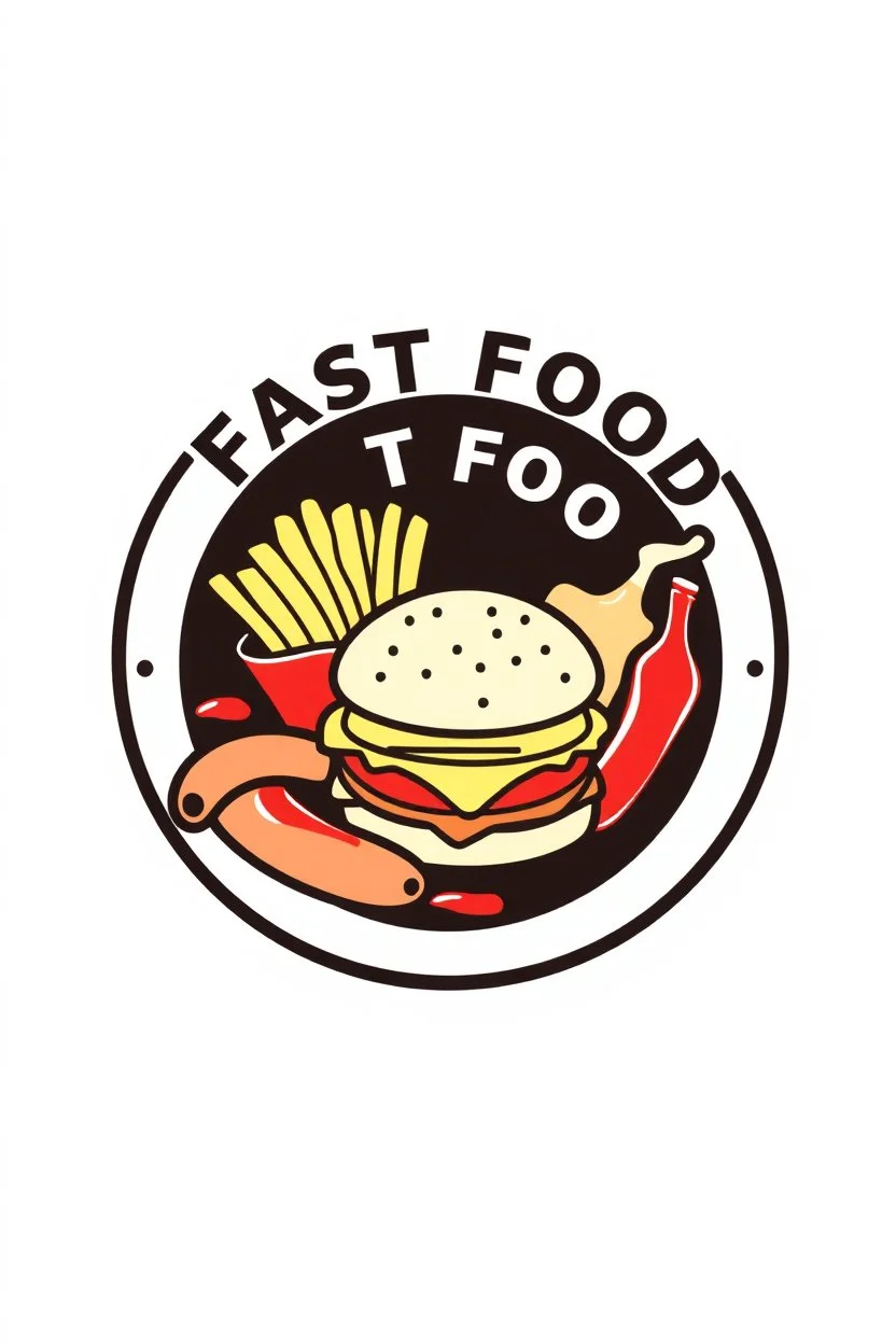 A round logo with the text of fast food and a picture of hamburger, fries, sausage and ketchup