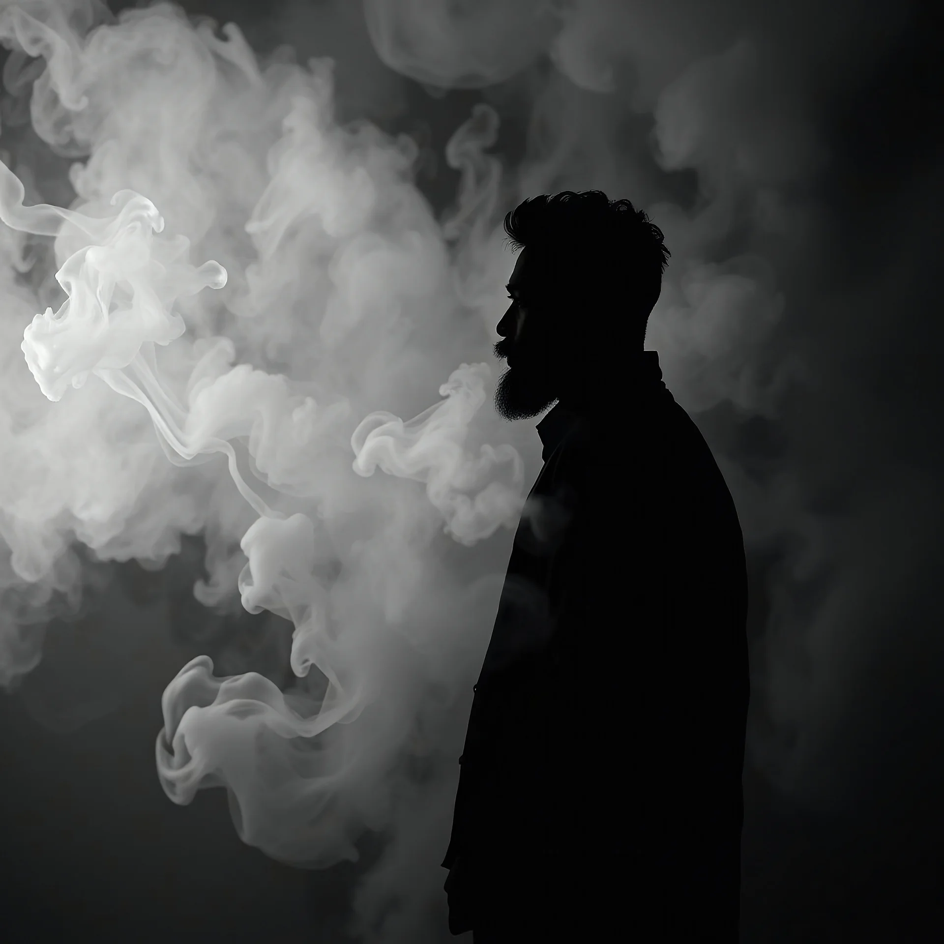 smoke art grey and white flowing around MEDITATE MEN silhouette