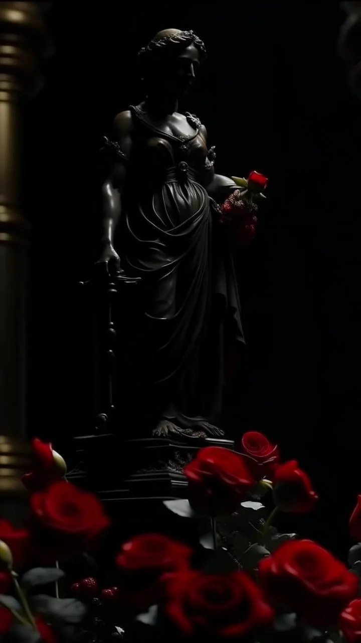 The statue of justice is filled with blood, carrying a scale full of red roses, and poppy flowers grow from underneath it and climb the statue. Dark garden background cinematic.9:16