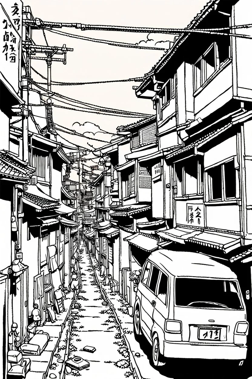 Poor neighborhood Tokyo, line arts, manga style