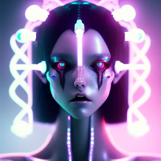 Demon girl, lumen lighting, led lights, <hanging wires> many wires connected to the head<perfect pupil> <cyborg> <garage> <sci-fi futuristic>