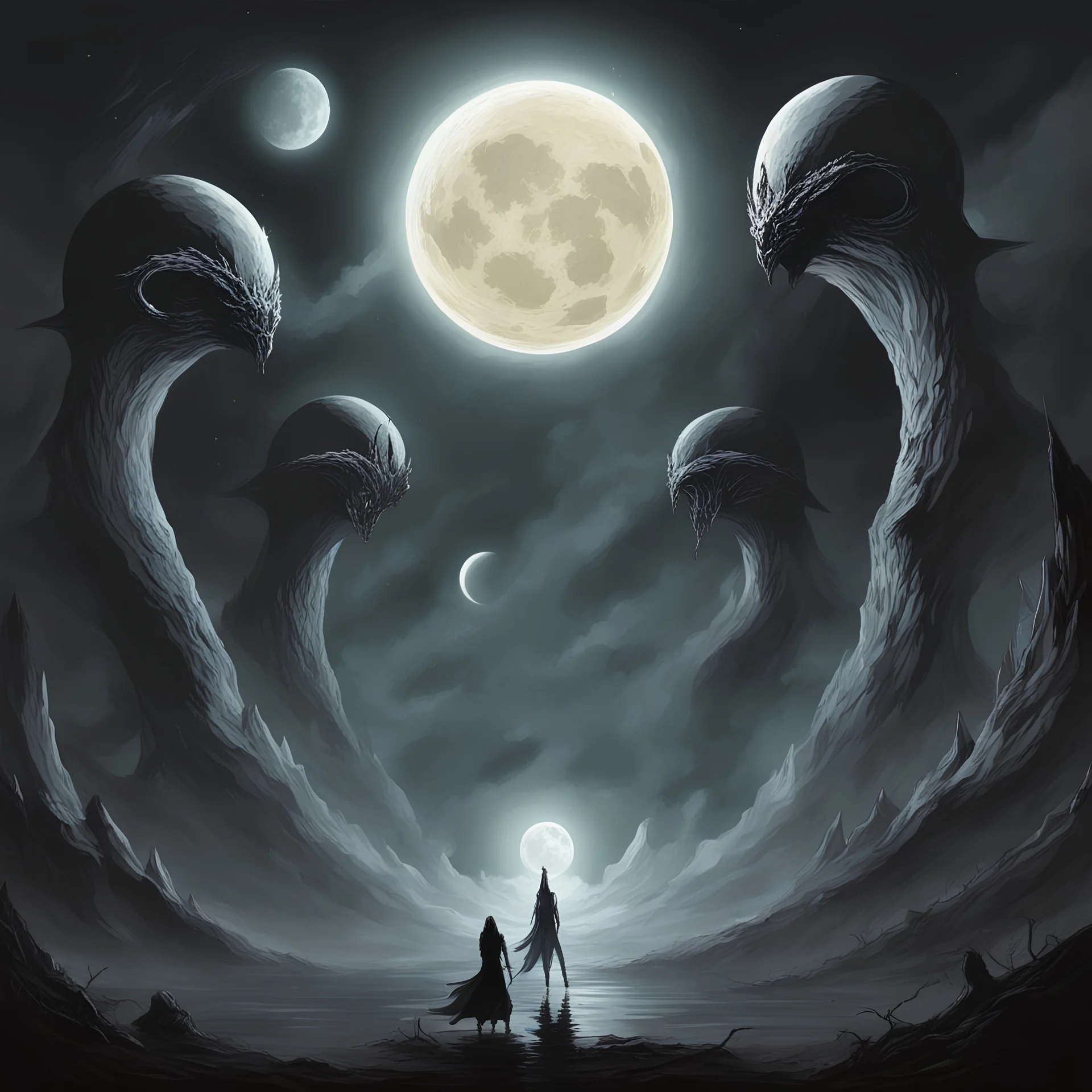 The moons in the sky are Aedra divine beings two large bright shinning moons and one darker shadow moon, in Phyrexian Horror art style