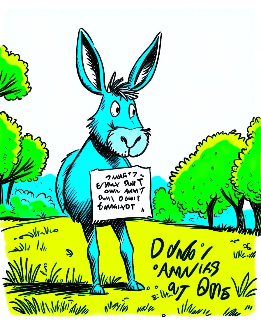 3D Sketch style, ink, modern aesthetic, elegant and abstract image of a blue, anthropomorphic donkey, with big ears, with a speech bubble that says "Don't be an ass!". The donkey is standing in a lush green field with some trees.