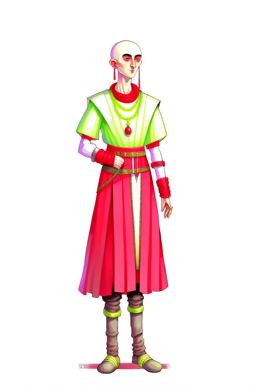 full length, friendly, tall 22-year old, shaved head, grey-eyed female cleric wearing red beads