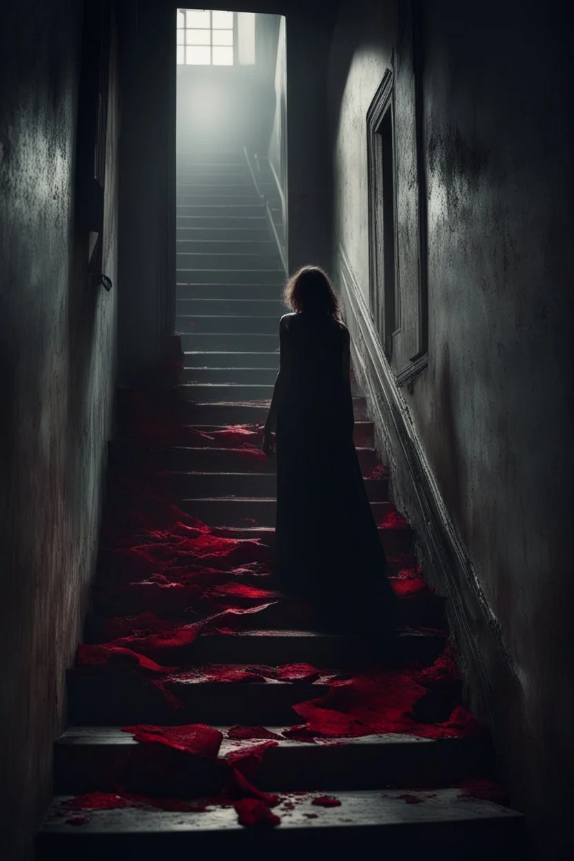 a broken red rose and a broken, bloody, torn, beaten woman lies at the bottom of a dirty staircase. At the top of the stairs stands the silhouette of a massive man, behind him a small light leaks through an open door, dramatic, gloomy atmosphere, sad, weird, dark colors, cinematic, realistic picture