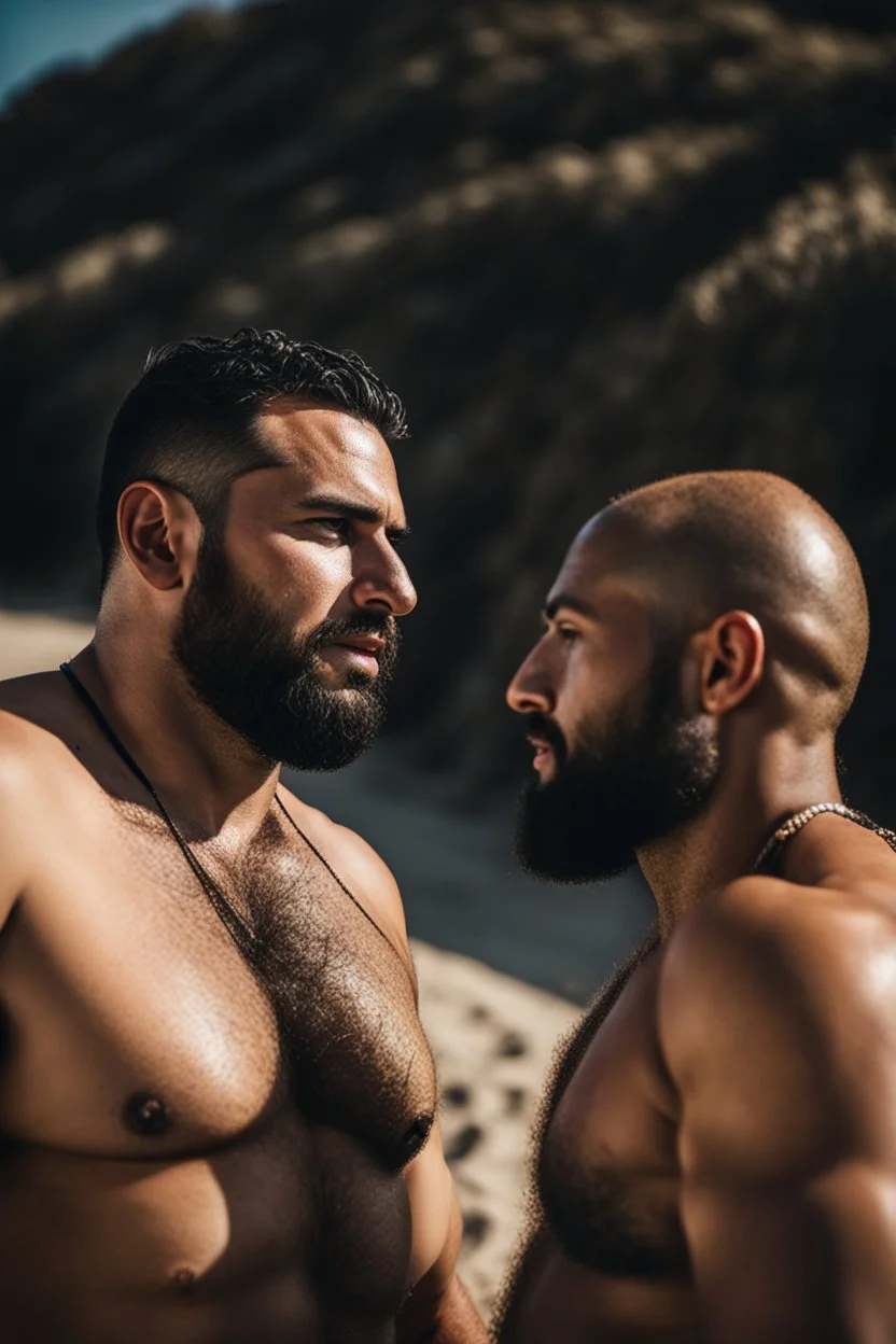 close up shot photography of two strong muscular chubby hairy burly 32 years old ugly arab fishermen, short beard, shaved hair, shirtless, manly chest, swimwear, emotive eyes, tank top, walking on the beach in the sun, side light, sweat and wet, ground view angle