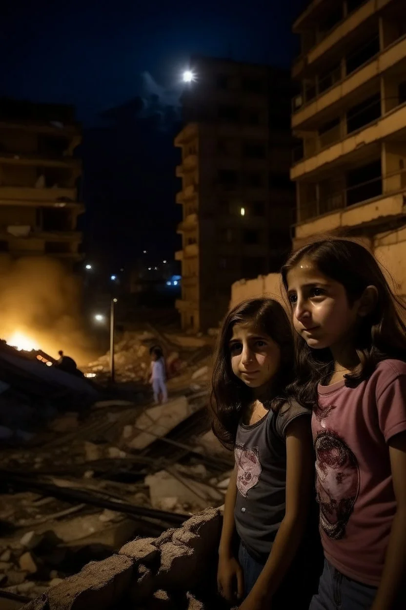 Palestinian girls , Destroyed Buildings , with a Explosions, at night