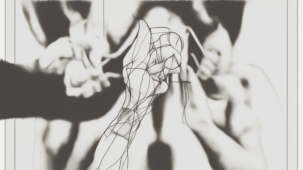 في الصورة، تظهر يد بشرية تمسك بخيوط دمية. اليد بيضاء ناصعة، بينما الخيوط سوداء داكنة. تمسك اليد الخيوط بإحكام، مما يوحي بسيطرة اليد على الدمية. تقف الدمية في الخلفية، وهي غير مرئية تمامًا. لا يمكن رؤية سوى الخيوط السوداء التي تمتد من اليد إلى الدمية. هذا يخلق إحساسًا بالغموض والتشويق. الصورة مأخوذة من زاوية عالية، مما يخلق تأثيرًا مهيمنًا لليد. هذا يوحي بأن اليد قوية وفعالة. الصورة ذات خلفية مظلمة، مما يخلق جوًا غامضًا ومثيرًا للاهتمام. هذا يعزز الموضوع العام للتلاعب، والذي غالبًا ما يرتبط با