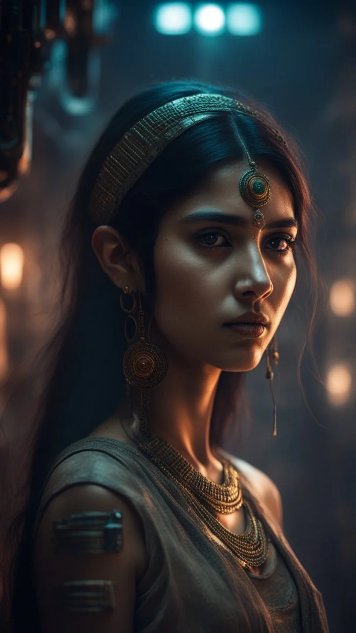 Shi Fi, a beautiful Indian girl ,atmospheric lighting effects, intricate industrial details, moody atmosphere, eerie grimdark ambiance, complex motherboard accents, speculative fiction art. Bokeh