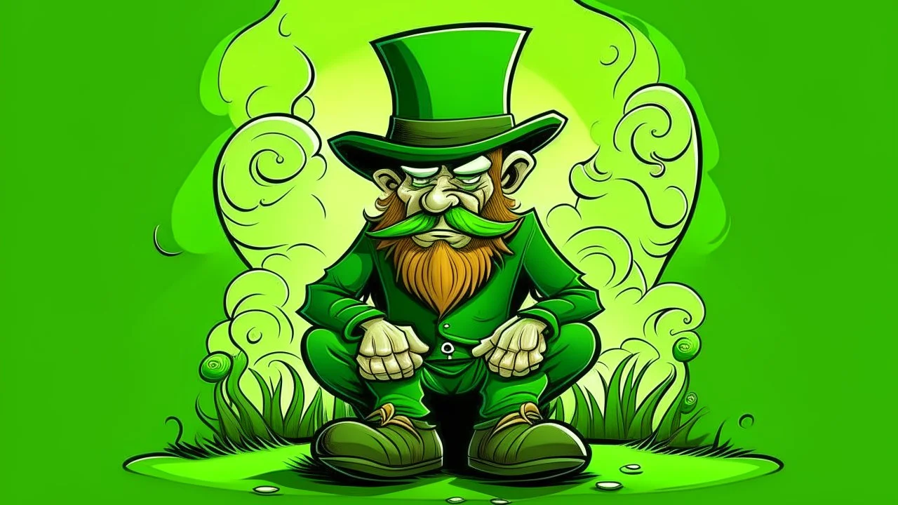 fantasy cartoon illustration: in the grass sits a real live leprechaun! He is dressed in green from the tip of his toes to the top of his hat.