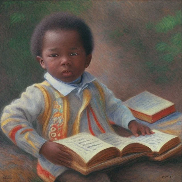 African American baby boy musician with books by monet