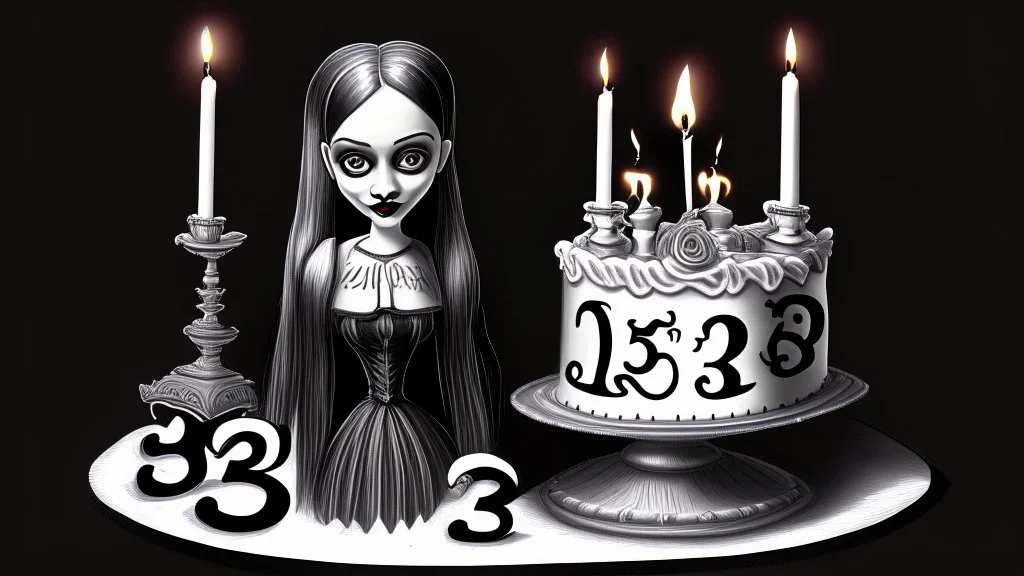 draw a birthday cake with logo number 23 and one candle 23 ,Insanely detailed Addams Family movie still with Barbie dolls