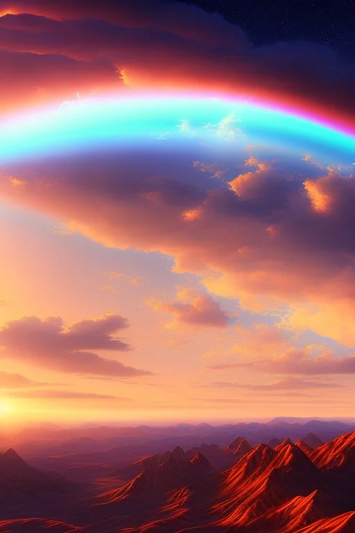 intergalactic very beautiful ufo rainbow futurist paysage