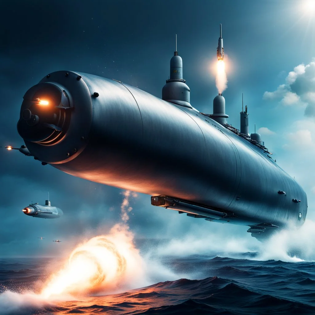 An orbiting submarine firing torpedoes.