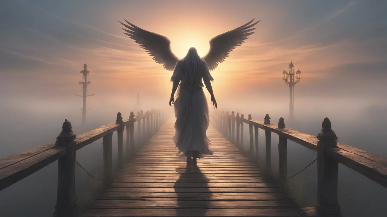 walking straight ahead over a wooden bridge, holding the angel of death with your right hand, entering the fog at the end of the road that leads to the afterlife, and a beautiful sunset and galaxy's behind the fog, realistic