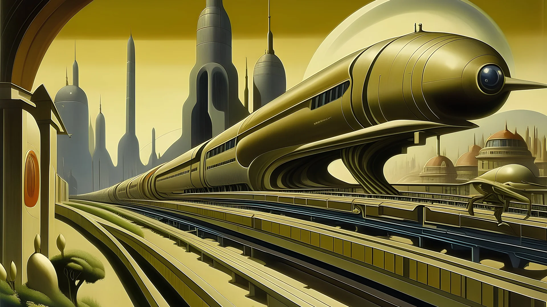 You dream that you have been assigned togenerate: masterpiece, Italian futurism style, train track, buildings, carriage, cityscape care for an anteater and an artichoke