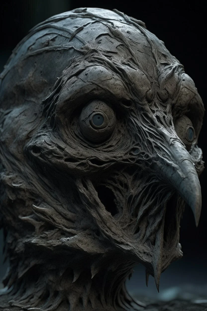 sculpture of dark side of an crow face . Multiple faces . decayed and rotting with grotesque proportions and imagery. abstract grotesqueries, detailed texture, surreal horror, biomechanical design, by hr giger and beksinski