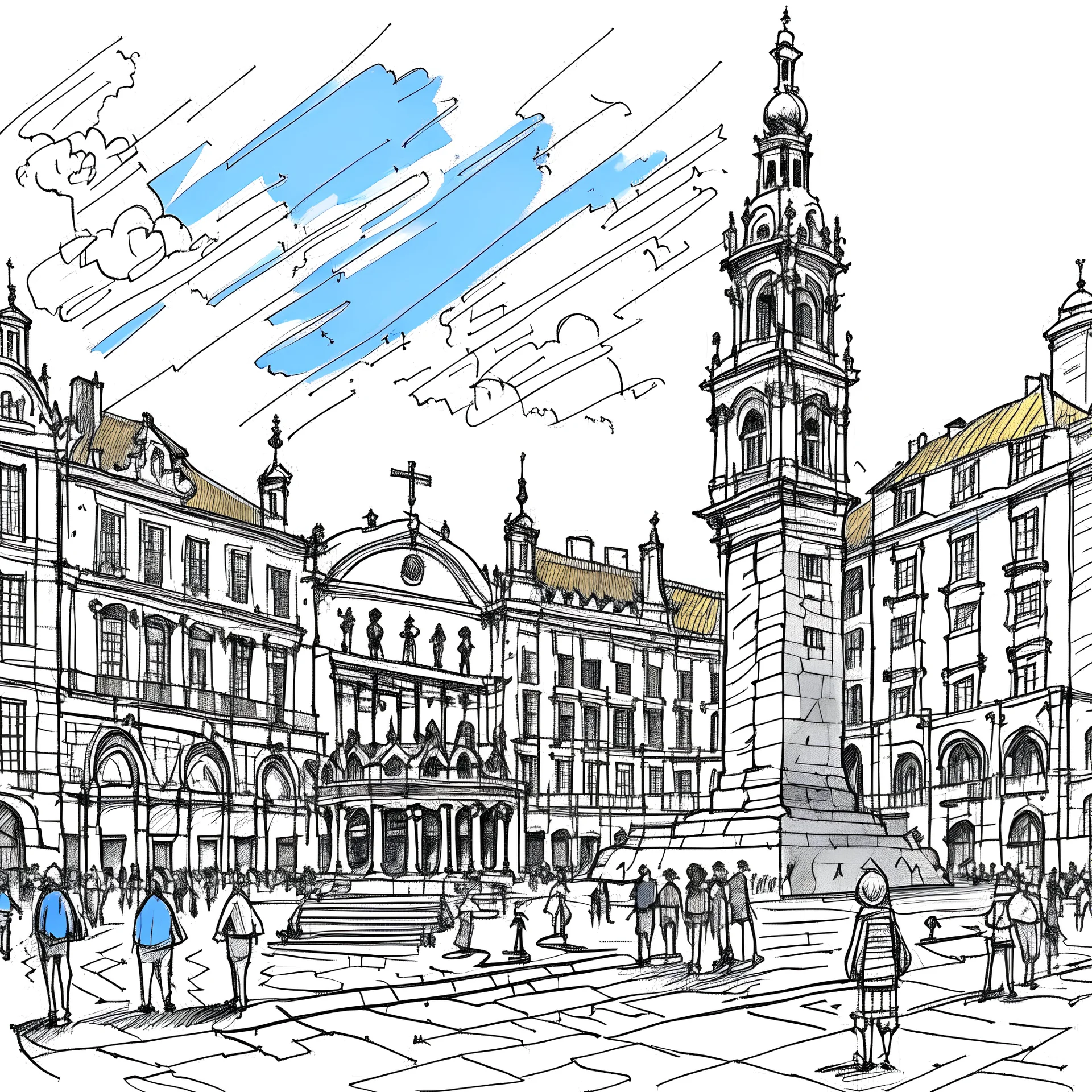 sketch of obradoiro square, santiago de compostela