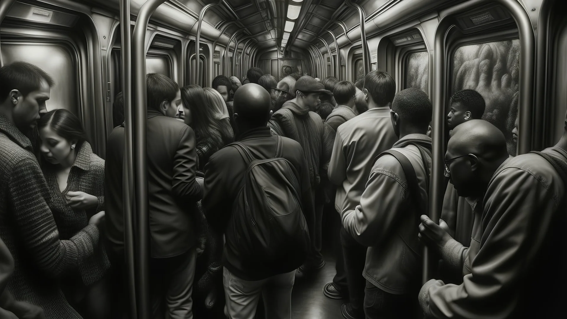 A gritty black and white charcoal drawing of a crowded subway car, filled with diverse passengers going about their daily commute. The scene is chaotic yet intimate, capturing the hustle and bustle of city life. The suffix adds a dream-like quality, with distorted perspectives and exaggerated features of the people