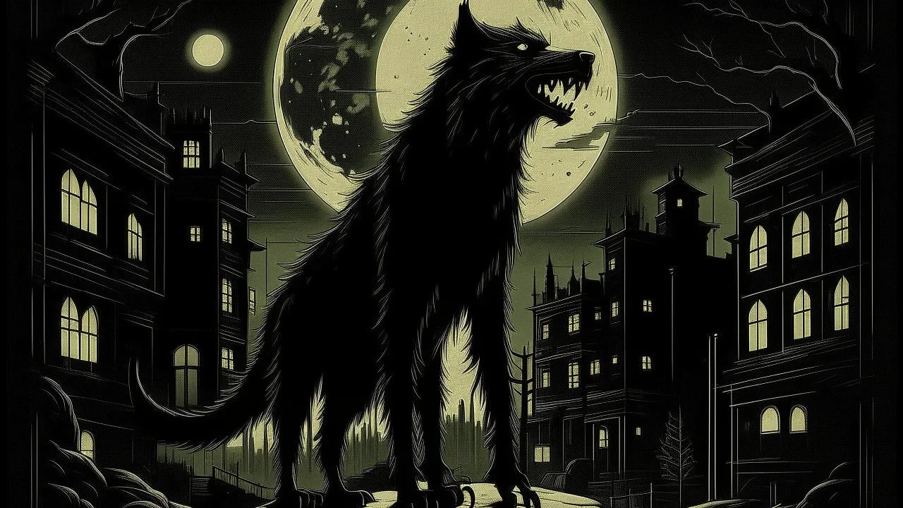 "Vintage Hollywood Horror Elegance: Design a classic film poster in captivating film noir style, featuring a menacing werewolf bathed in moonlight. The eerie glow illuminates a Gothic cityscape backdrop. Deliver a chilling sense of terror and suspense with chilling details, enhancing the old-world mystique of both beast and setting."