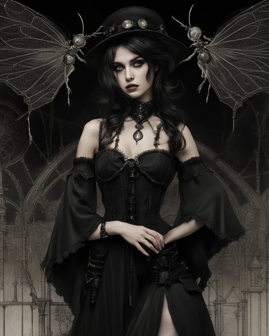 gothic, steampunk delicate mefull-length, young woman dressed like a modern-day witch, with dark hair, outside a shoptal woman, dragonfly, wings, black background