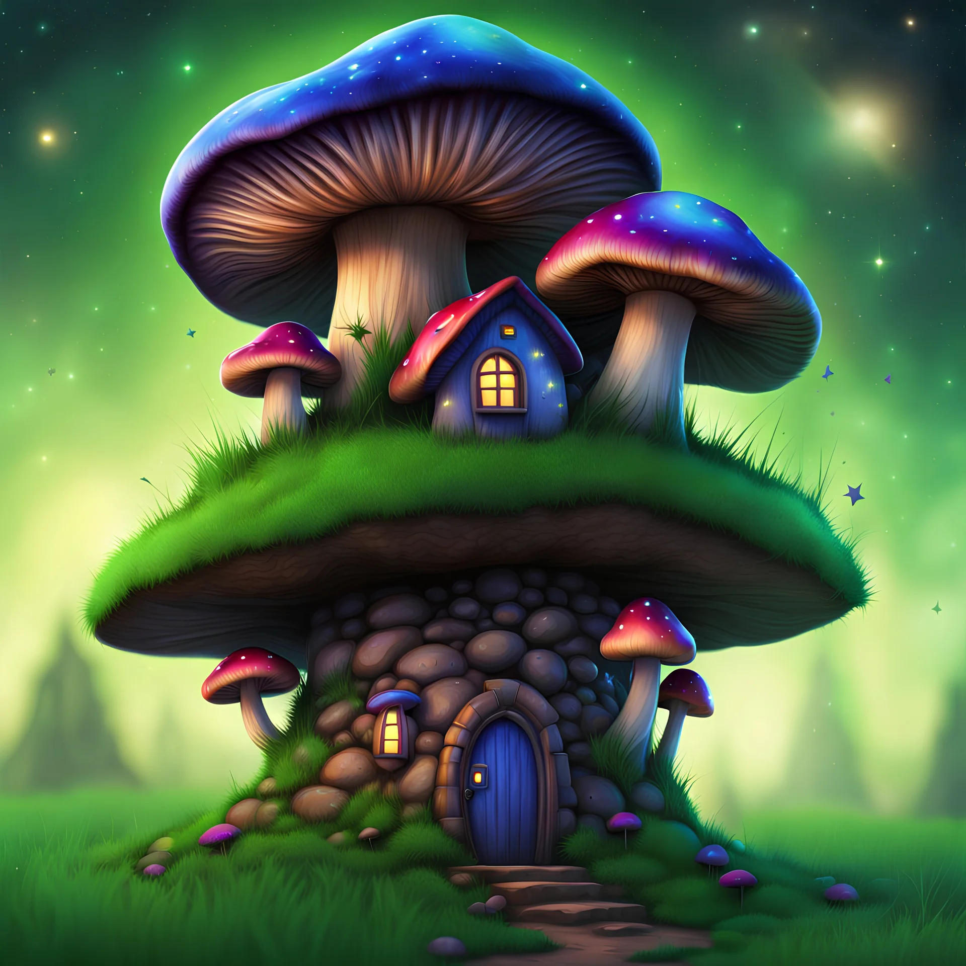 vibrant indigo and green mushroom house on dirt pillar grassy top outer space. stars, grass, mushroom house, dirt pillar. Detailed gloss Painting, rich color, fantastical, intricate detail, splash screen, hyperdetailed, insane depth, concept art, 8k resolution, trending on artstation