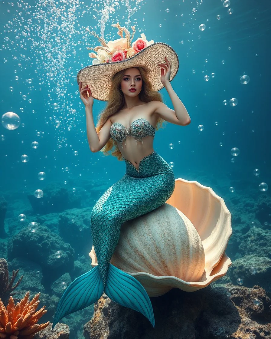 realistic photo rendering picture full body beautiful Mermaid sit pose on large mollusk shell,she wearing luxurious shimmer hat large made from borroque elements flowers sea, seaworld,underwater full of sorrounded bigbubble waters