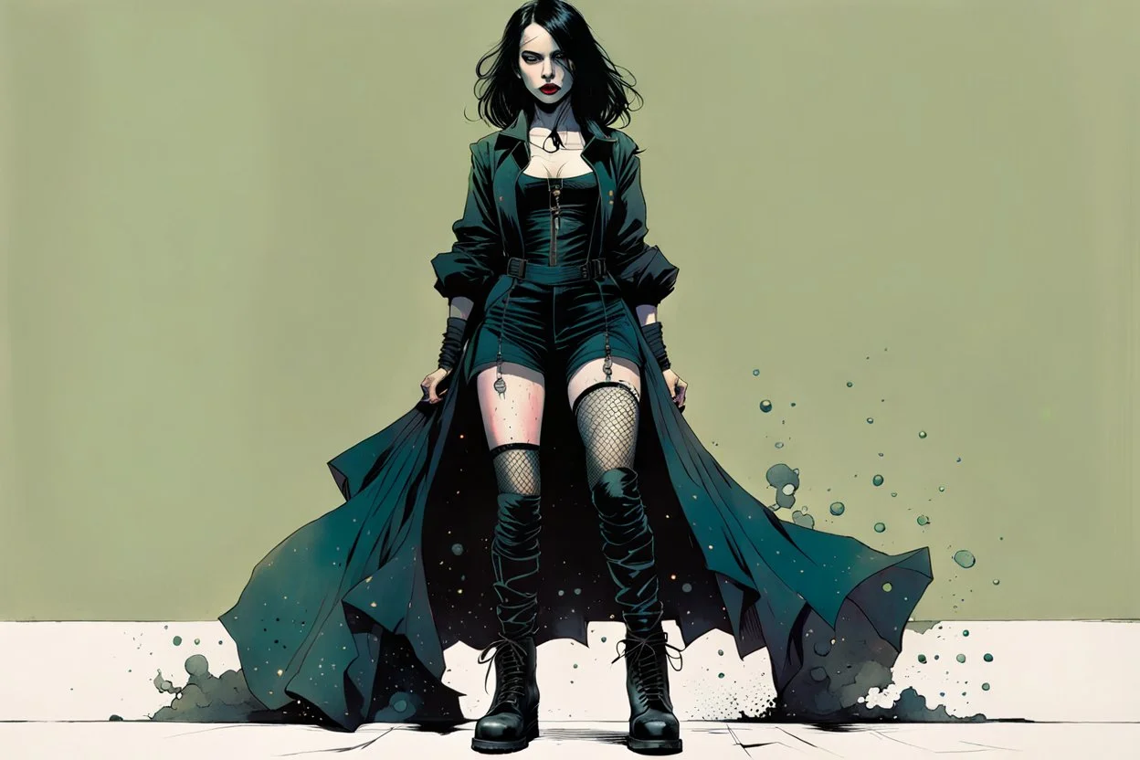 Create and fine print full body illustration of a Goth Girl with finely lined and detailed facial features in a ragged gothic dress, fishnet stockings ,battered combat boots, , in the graphic novel style of Bill Sienkiewicz, and Jean Giraud Moebius, precisely drawn, colored and inked