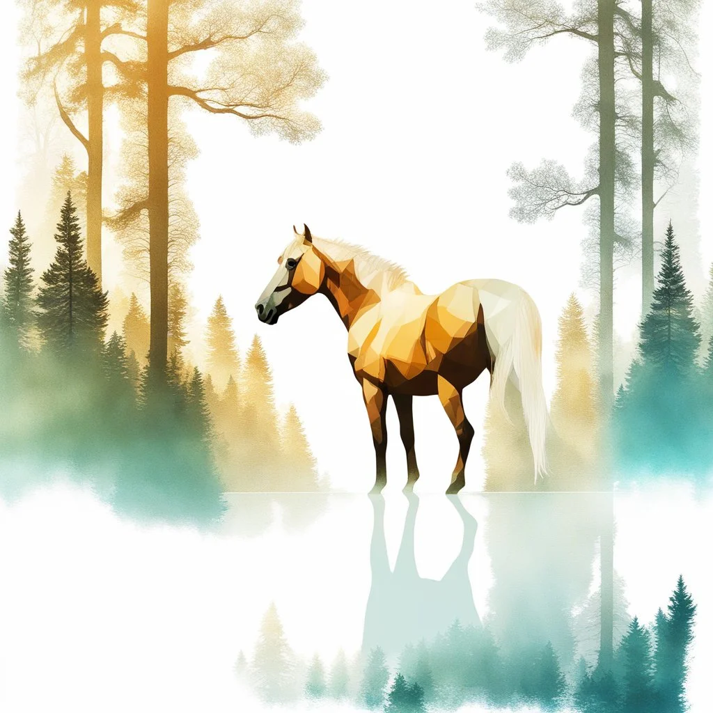 Artistic double exposure digital illustration featuring a Palomino horse with a forest scene inside its silhouette. The horse stands against a clean white background, with detailed trees, a river, and other forest elements visible within its form. no brush marks, realistic maximalist oil painting style, ultra quality