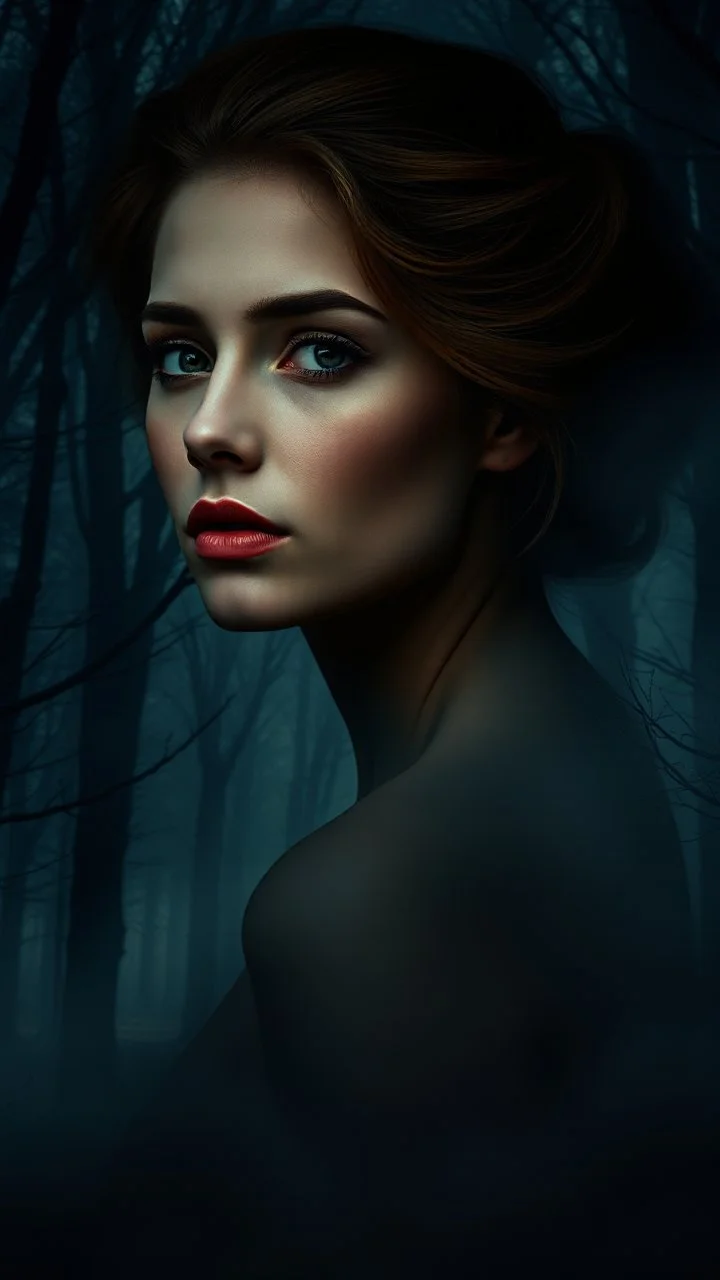 Vintage portrait of a beautiful woman head, misty forest background, eerie twilight lighting