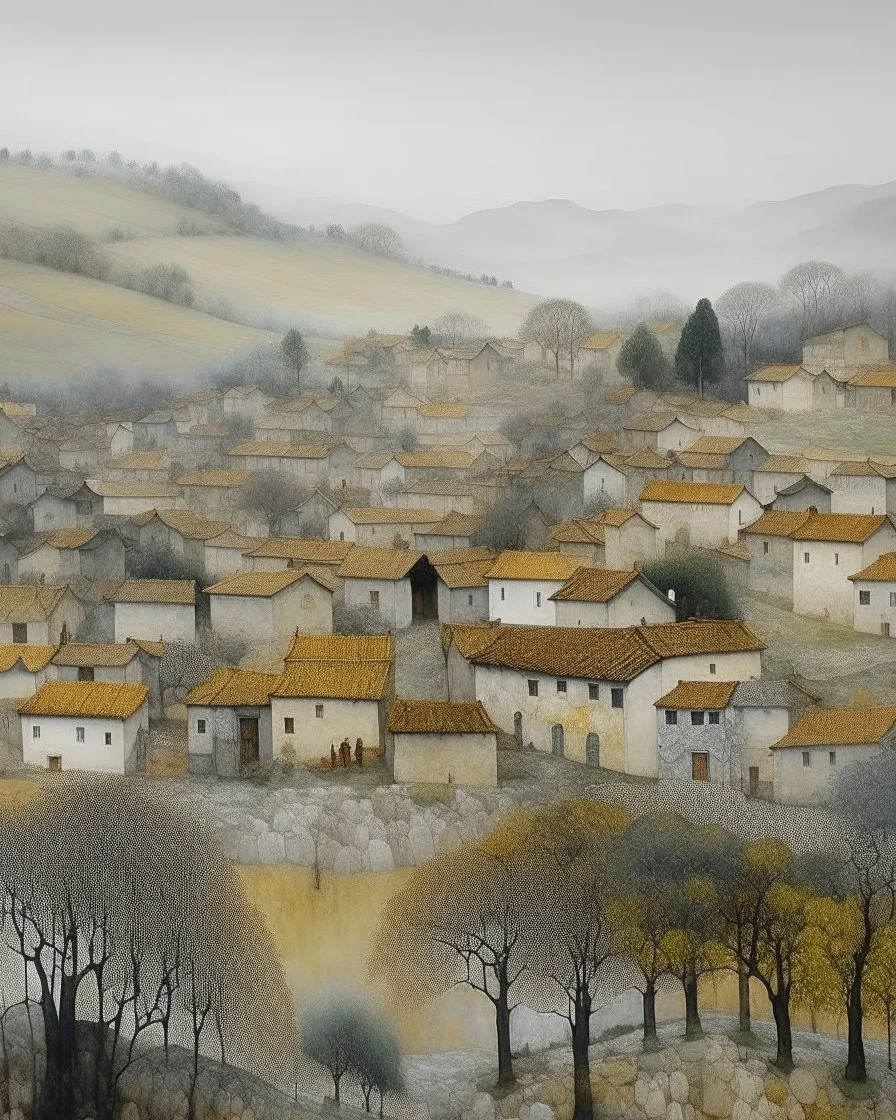 A gray village covered in mist painted by Gustav Klimt