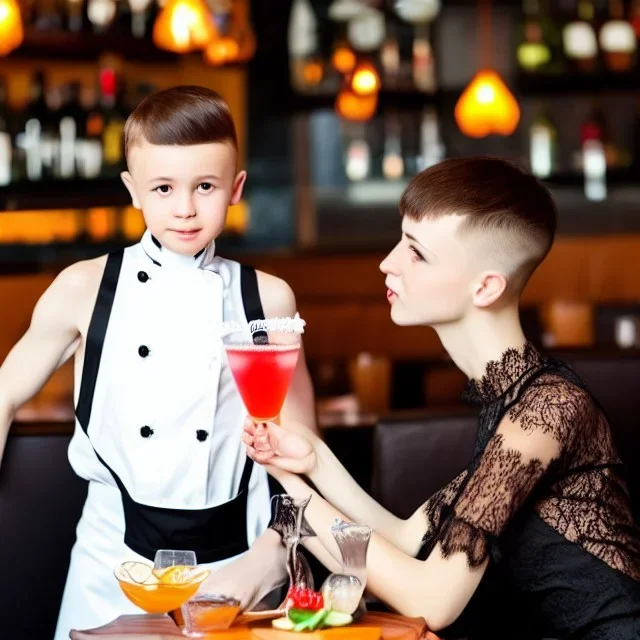 Russian guy boyish boylike short man's haircut boyish features in black girlish lacy cocktail dress as mother in restaurant