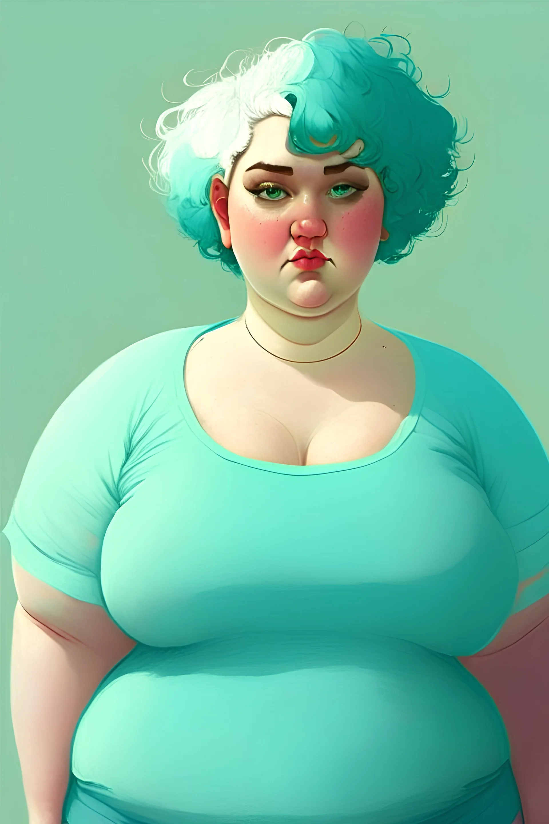 woman, short hair, curly hair, light blue hair, light green eyes, chubby shape, fat body, white skin, hollowed shirt,