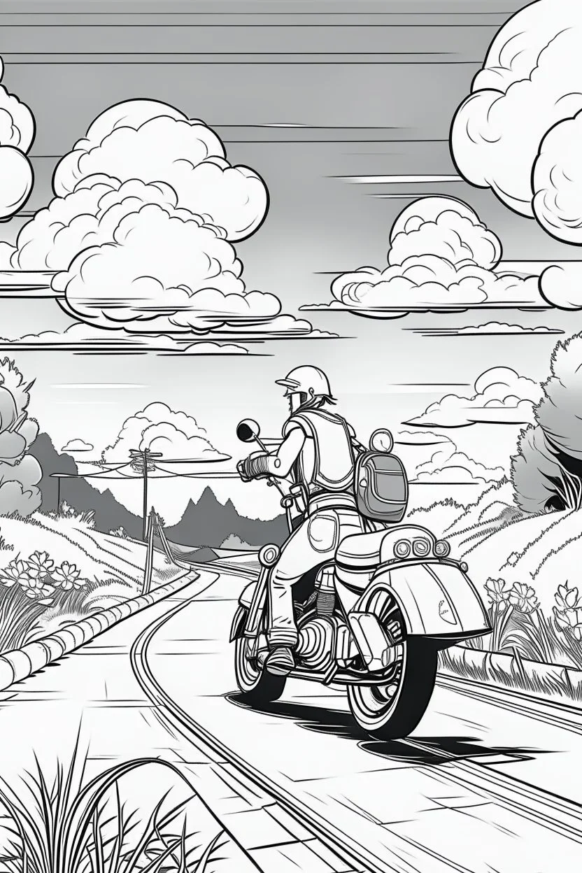 Outline art, no shading, motorcycle on the road, cartoon style, black and white, low detail, --ar 9:11