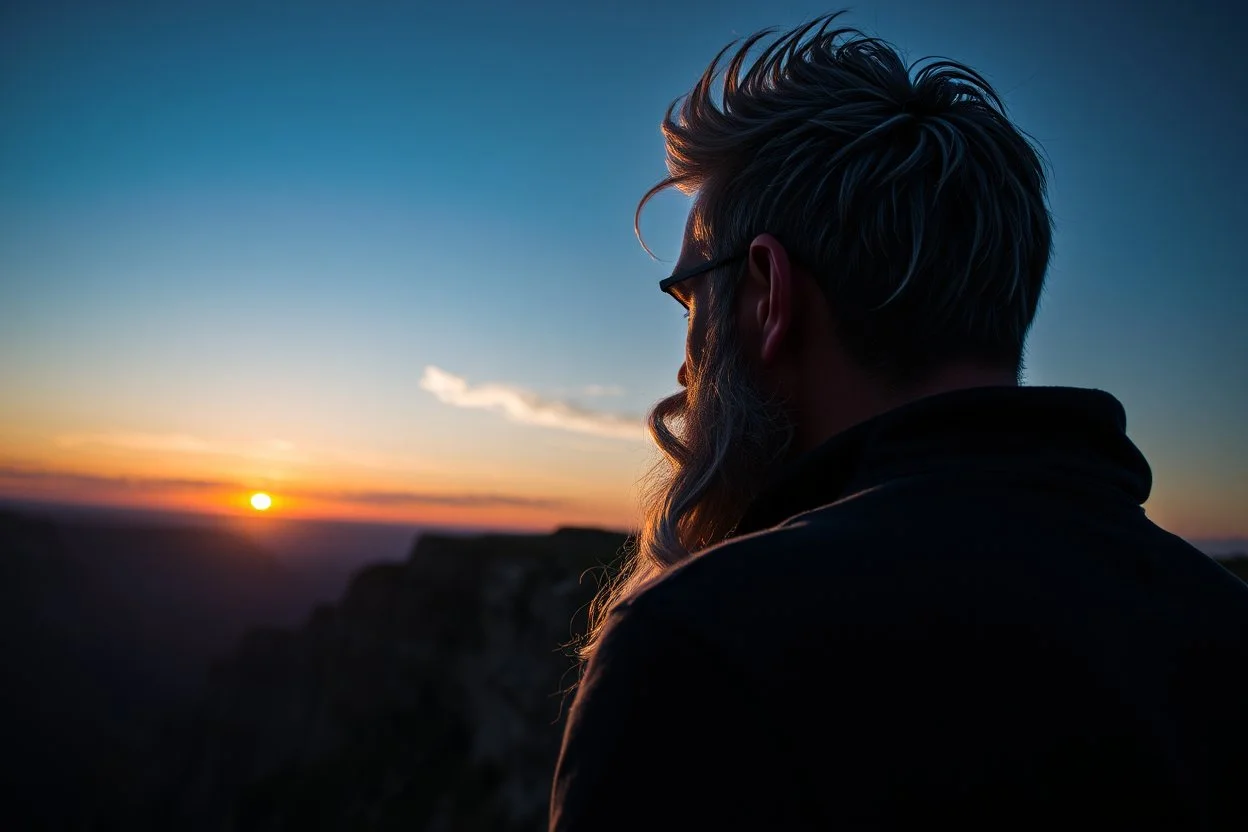 a brawny man with grey hair views sunset from a cliff
