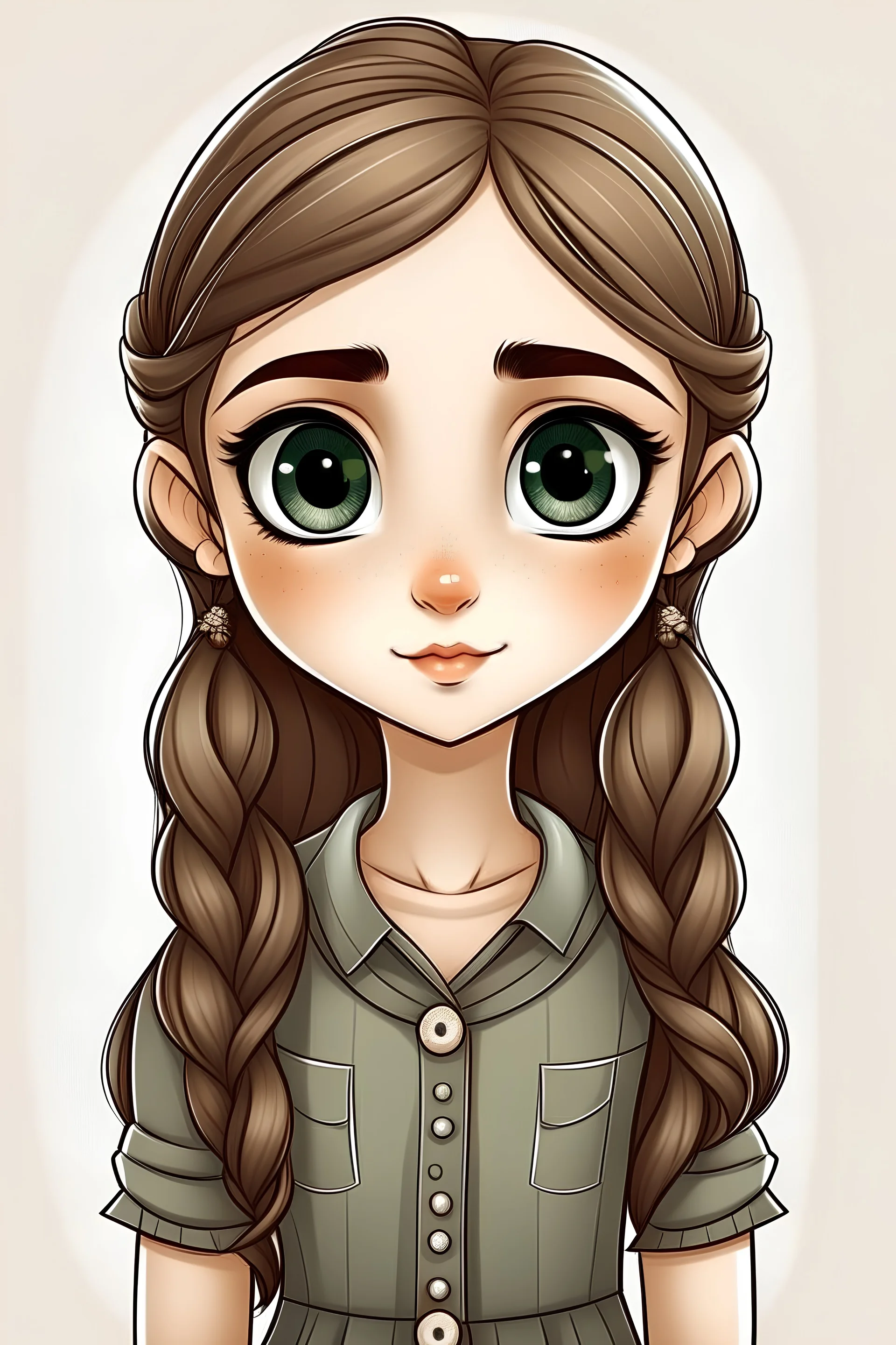 Create a illustration depiction of a cute Pakistani girl with big grey eyes, sporting a casual dress and a charming long one side braid hairstyle."