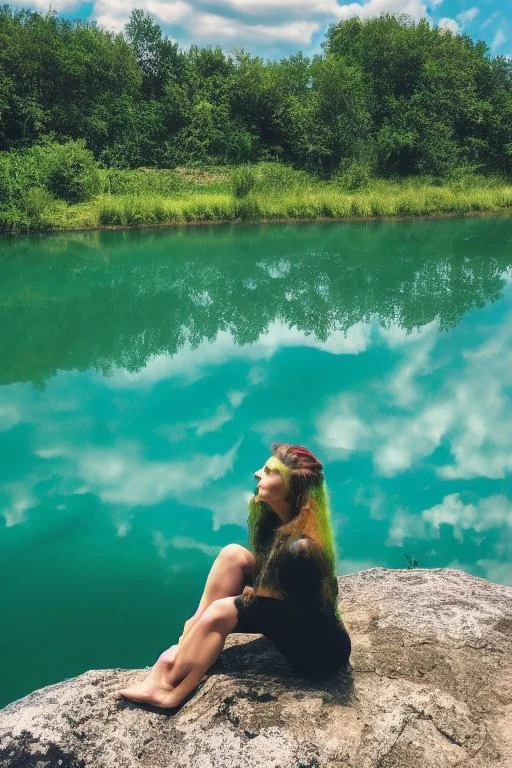 woman sitting on a rock, in a lake, green mottled skin, green hair, blue sky, white clouds