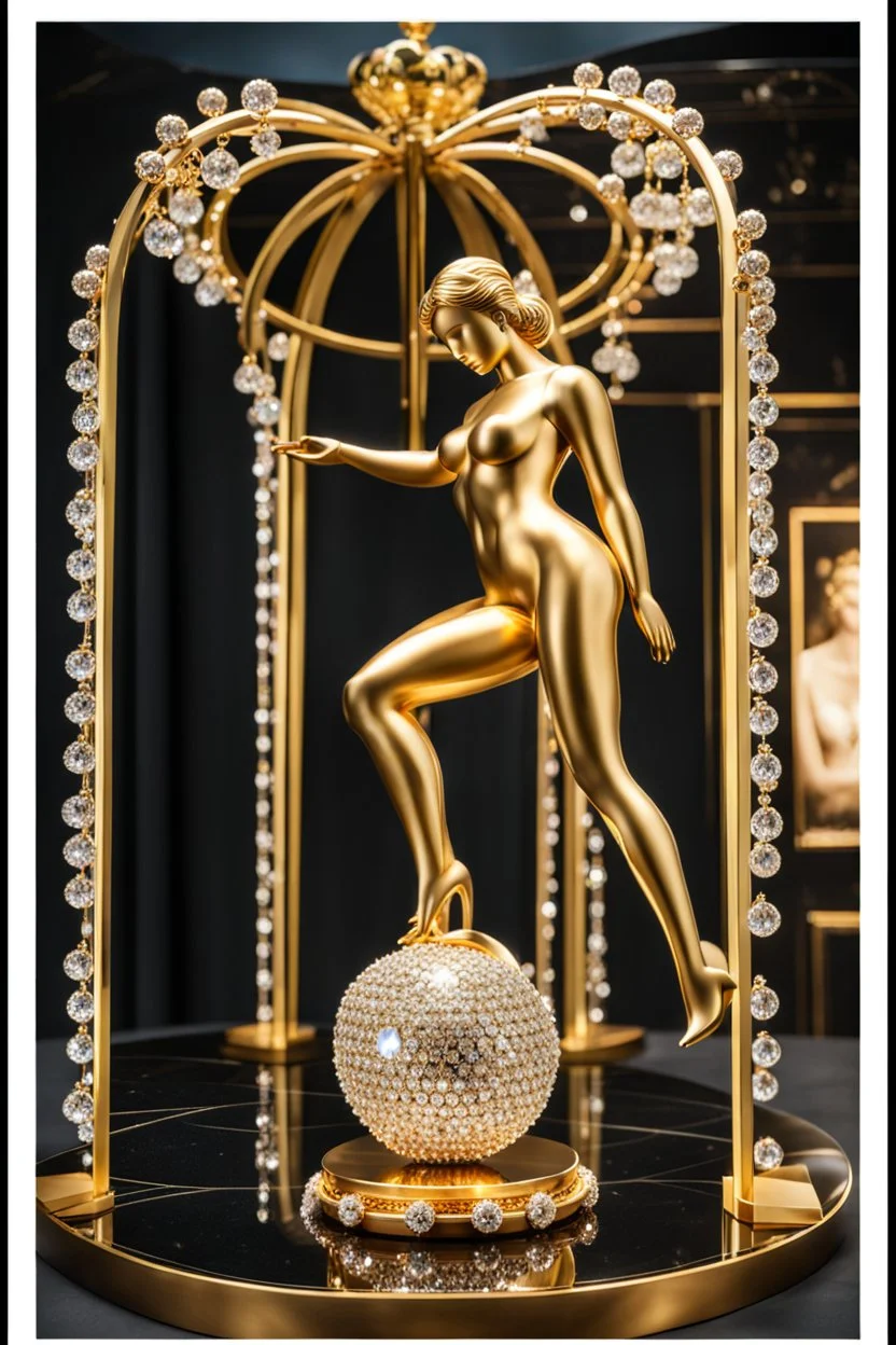 A magnificent cristal and gold heart-shaped sign adorned with a stunning berliant sphere encrusted with sparkling diamond clusters at its center, elegantly spinning in position,a golden statue of a girl in standing pose