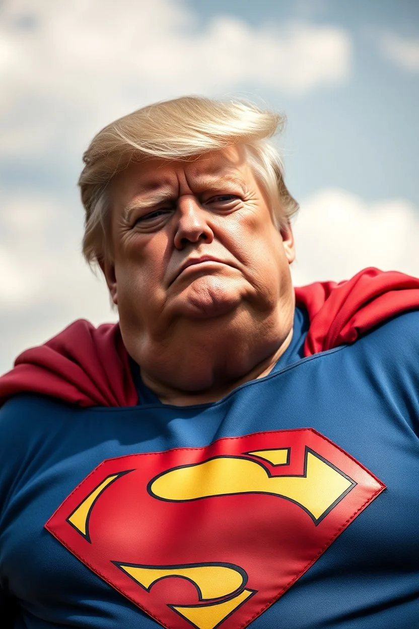 a thoroughly confused, elderly and morbidly obese donald trump dressed as superman