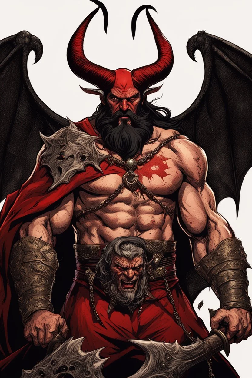 old man, black beard, angry, muscle, skin red , red body, black goat horns, black bat wings, long black haired, devil appearance, satan, diabolic scars, black old armor, golden necklace cross, hell background.