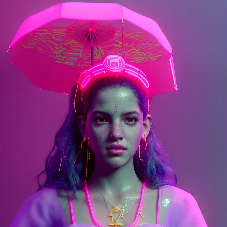 Rosalía artist, sweet teenager, gold, pink, geisha style, neon style, led lights, fog, rain, latex, vibrant color, highly detailed, art stations, concept art, smooth, unreal engine 5, god rays, ray tracing, RTX, lumen lighting, ultra detail, volumetric lighting, 3d, finely drawn, high definition, high resolution.