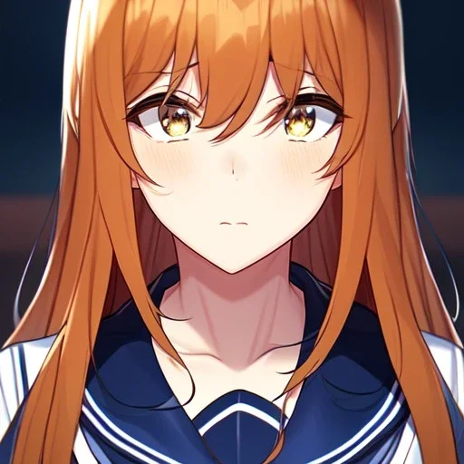 Clear focus,8k,Beatiful Lighting,Beatiful Blur,Beatiful Face,Beatiful Shading,Amber long hair,silky hair, long silky bangs, Cyan eyes, wearing a sailor uniform, Extreme Close Up, Anime Girl