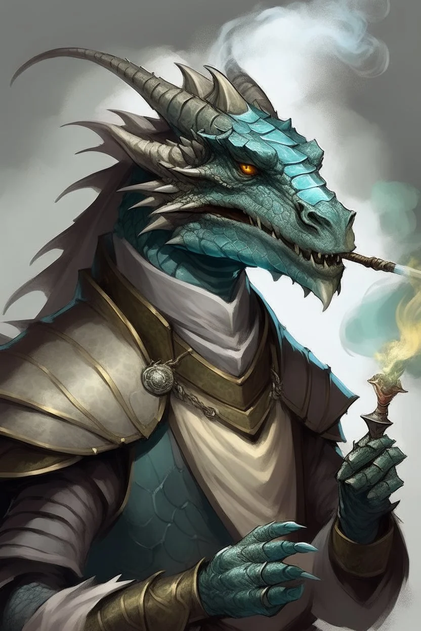 A silver Dragonborn from dnd wearing a smoking