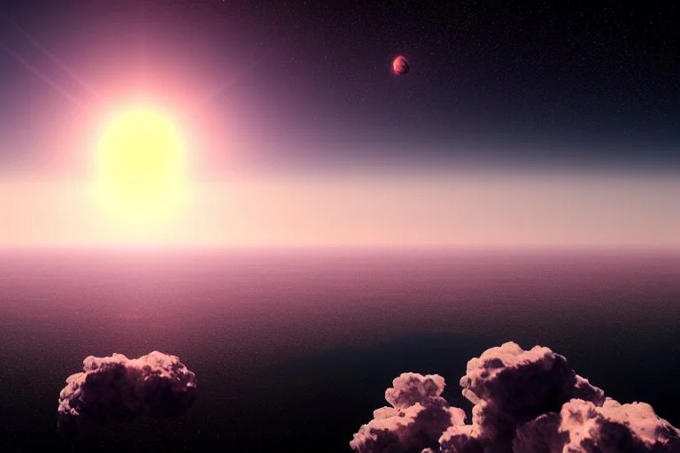 Epic exoplanet in the horizon, clouds, big mountains, water, science fiction landscape