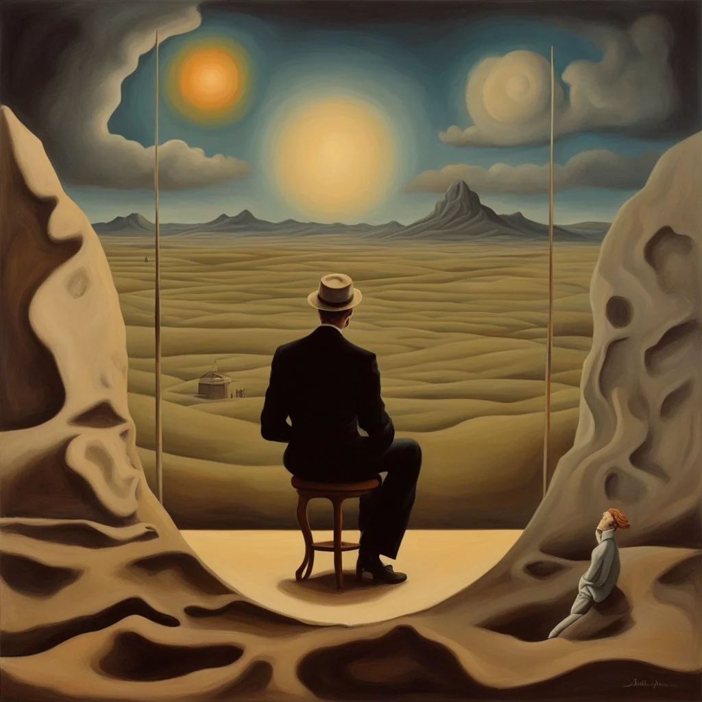 person alone in planet,cover art, surrealist painting called 'today I am thinking about time by dali and picasso and magritte and Breughel