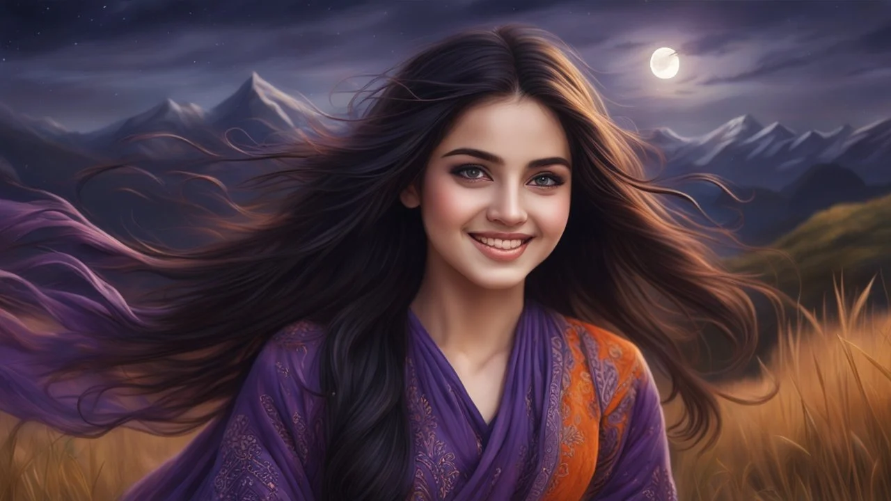 Hyper Realistic Close-up-face-view of a Beautiful Young Happy Pashto Girl with beautiful-eyes & long-black-hair smiling & wearing purple-&-orange-embroidery-dress-with-black-shawl whirling with breeze, tall-grass along with a thick-tree on mountain top & cloudy-moonlight at night showing dramatic & cinematic ambiance