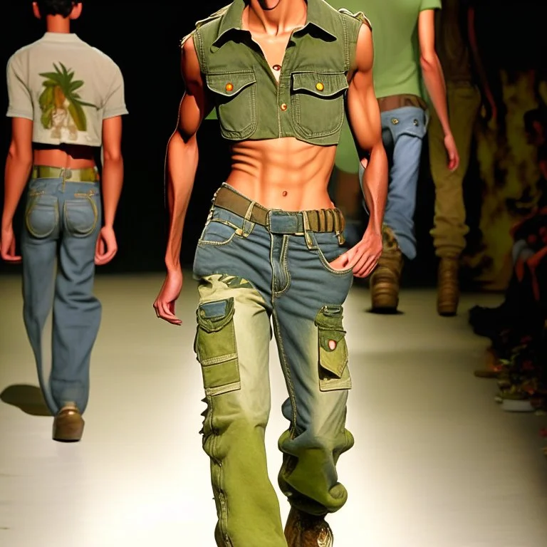 latin model catwalk wearing cargo jeans with patch jellow and green