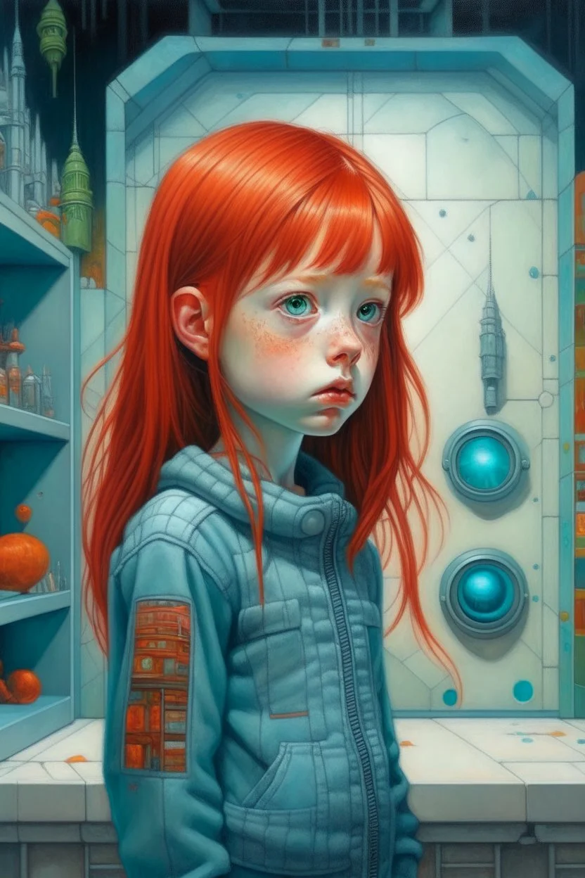 Little girl with red hair in Cyberpunk wunderkammer painted by Magritte, unsane details, soft colors