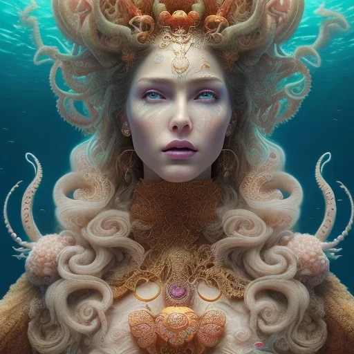 high-quality, fine-detail portrait of gorgeous, stunning goddess with octopus as hair, coral reef exoskeleton, underwater, 8k resolution, 3D octane render, intricate, digital art, detailed matte, volumetric lighting, George Grie, Anne Dittman, Anne Stokes, Lisa Parker, Selina French,